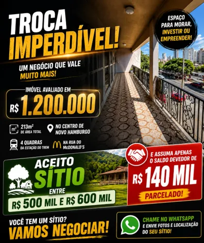 Troco Apto 213m² CENTRO NH por Sitio - Oferta do Ano