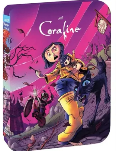 Blu Ray duplo Filme Coraline Steelbook 4k ultra HD importado Laika Studios