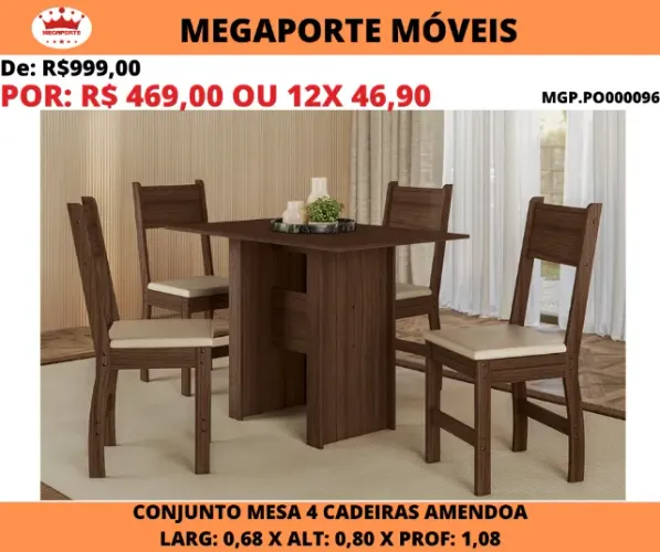 Conjunto de Mesa 0,68x1,08 Milano 4 Cadeiras