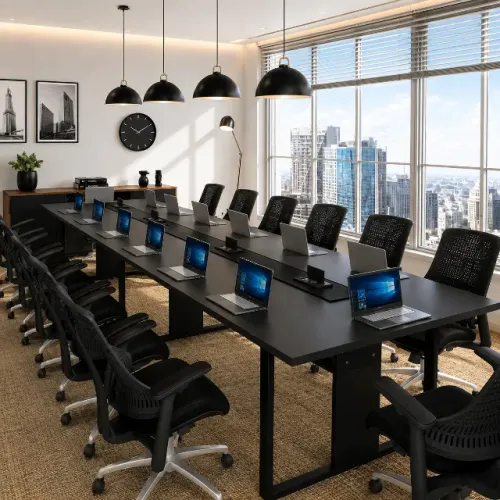 Mesa de Reunião Trapeze Delluxe Blackout.14 Lugares. L540cm x L130cm x A74cm. Via WhatsApp