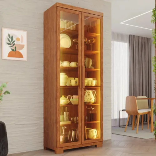 Cristaleira Bali em MDF Cinamomo com Portas de Vidro e LED