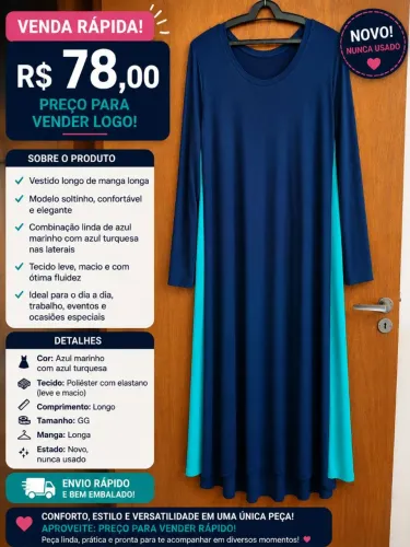 Vestido longo, azul escuro e verde , gg, novo, venda rápida por 78,00.