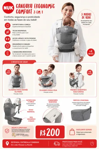 Canguru Ergonômico NUK Comfort 3 em 1 - Cinza