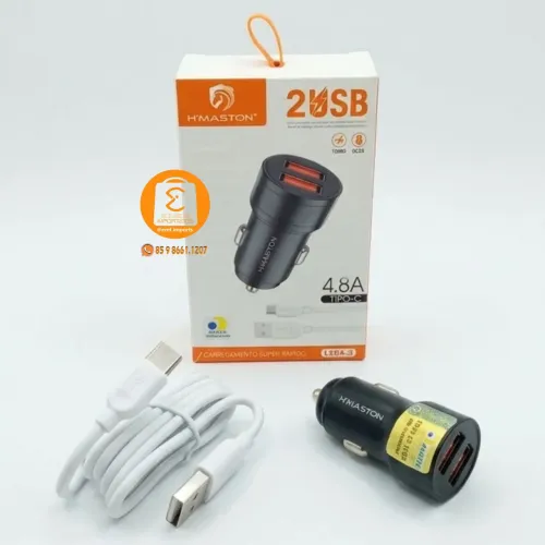 24w Carregador Veicular, Cinzeiro do Carro com 2 Portas USB + Cabo Tipo-C 1metro