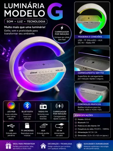 Caixa de Som com Luminária LED Modelo G Bluetooth + Rádio FM + Carregador por Indução