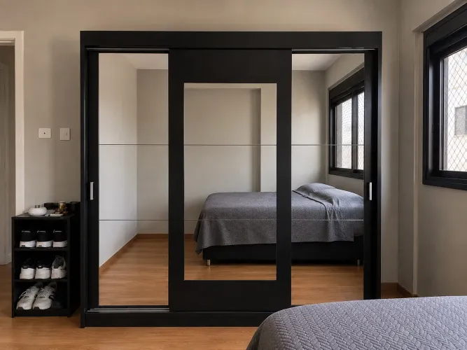 Guarda-Roupa Casal 3 Portas de Correr com Espelhos e 4 Gavetas - Excelente Estado