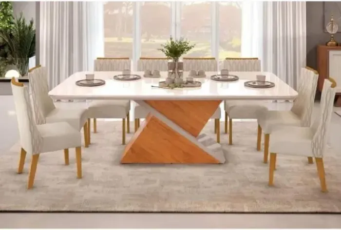 Mesa de Jantar 8 Cadeiras com Tampo de Vidro Off-White