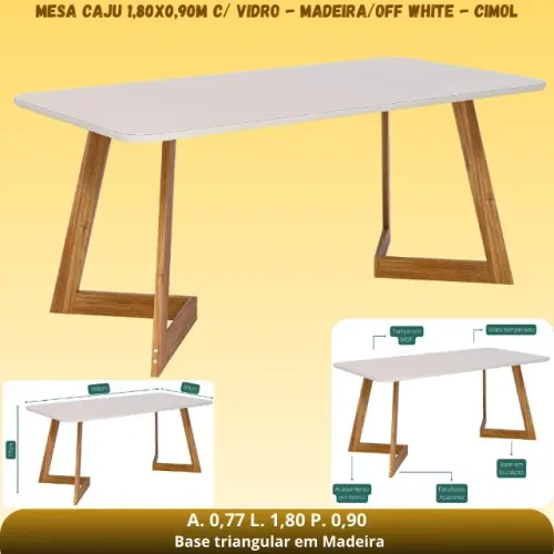 MESA CAJU 1,80X0,90M C/ VIDRO - MADEIRA/OFF WHITE - CIMOL