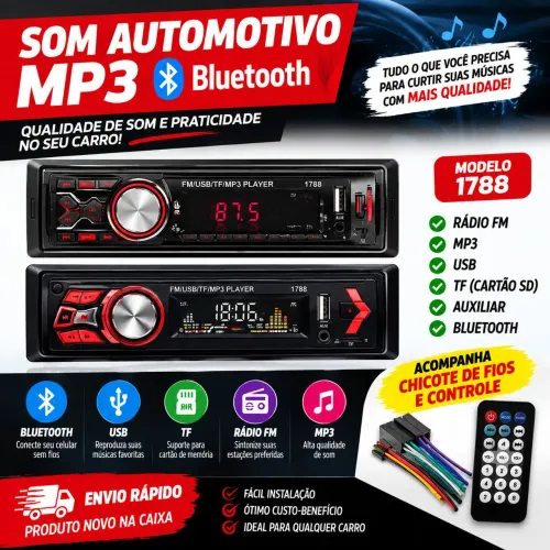 Rádio Som Automotivo Bluetooth MP3 USB Novo
