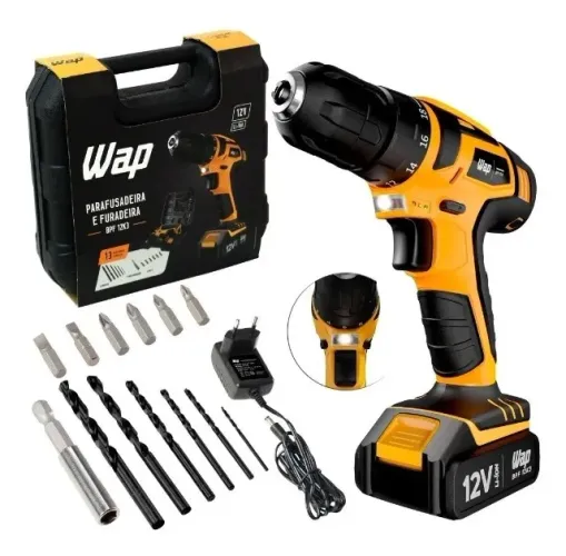 Parafusadeira e Furadeira Profissional da Wap sem fio 12V 10mm + 14 acessórios + Maleta