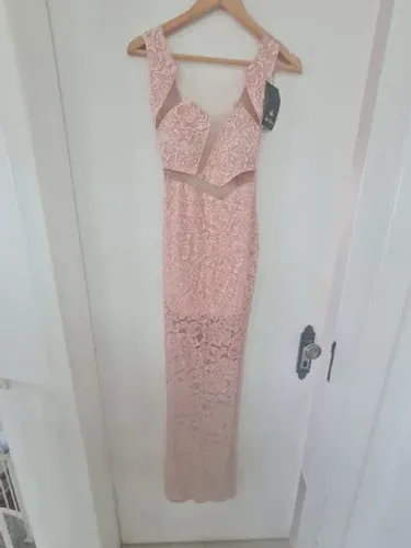 Vestido festa max glam rosa, renda com bordado 