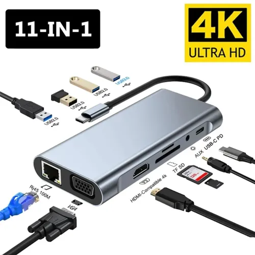 Cabo 11 em 1 HDMI, VGA, Rede, SD USB-C 3.0