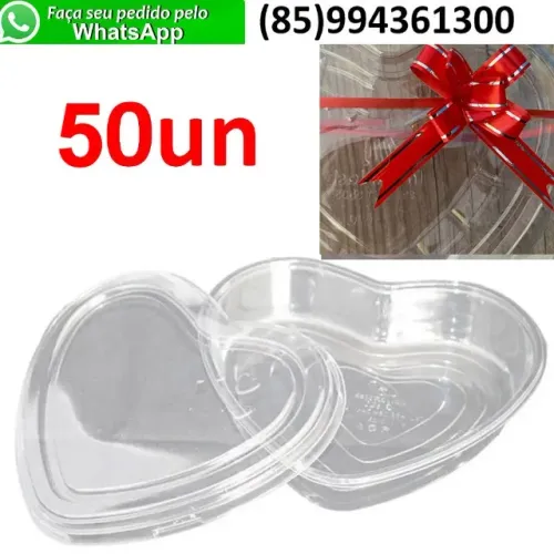 Kit 50 Embalagem Presente De Coração Em Pet Acetato Plástico + 50 Laços Fácil Mágico