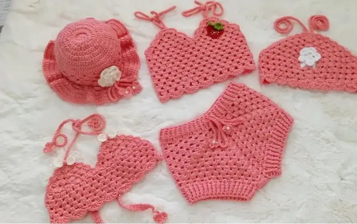 Conjunto de Roupas de Bebê em Crochê - Rosa Bebê só pra encomendas