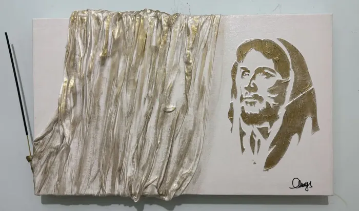 Tela decorativa com imagem de Jesus Cristo e detalhes em tecido. Tamanho 30×50 cm