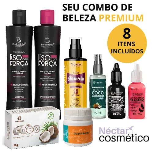 Kit Beleza 8 Itens Shampoo Liso com Força Óleo Coco Spray Siliconizado Creme Facial