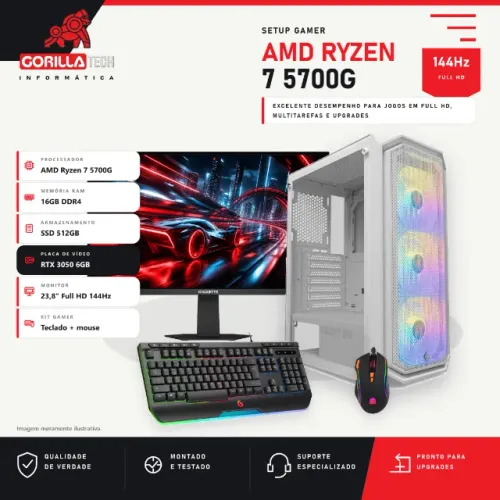 Setup Gamer Completo Ryzen 7 5700G RTX 3050 6GB 16GB SSD 512GB + Monitor 23,8 144Hz