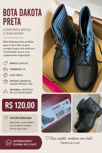  BOTA DAKOTA PRETA TAMANHO 39 - SEMINOVA | R$ 120,00
