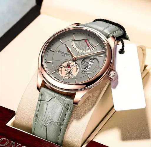 Relógio de Pulso Elegante Social Masculino Bisel Dourado Caixa tom Oliva Frete Grátis