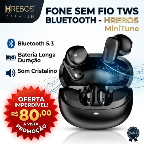 Fone de Ouvido Sem Fio TWS Bluetooth, Preto - Hrebos MiniTune