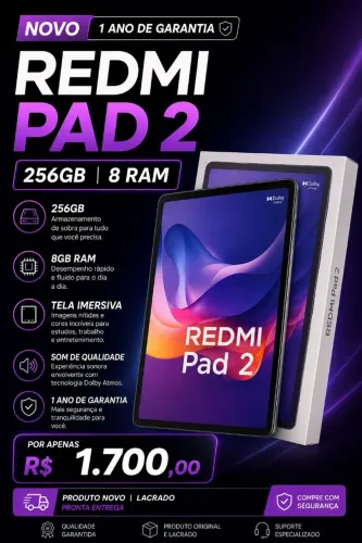 ? Redmi Pad 2 256GB | 8GB RAM | Novo e lacrado! R$ 1.700. WhatsApp: *