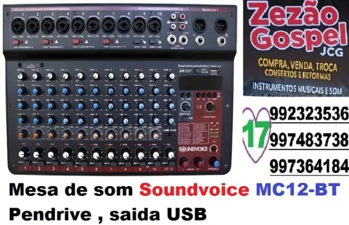 Mesa de som Soundvoice MC12-BT com pendrive, saida USB