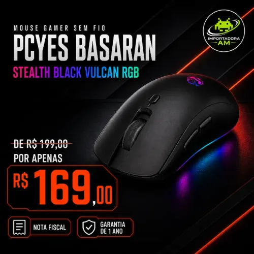 Mouse Gamer Sem Fio PCYes Basaran Stealth Black Vulcan RGB ? Preto