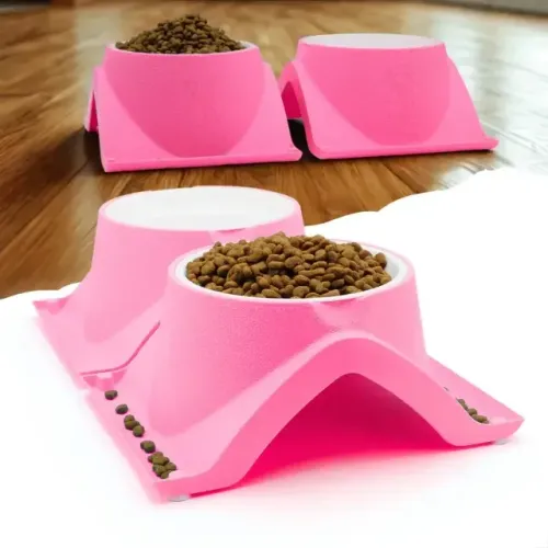 Kit Comedouro e Bebedouro Elevado para Cães e Gatos com Aparador - Rosa