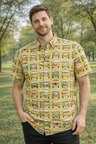Camisa de Botão Masculina Estampa Kombi Retro 100% Algodão