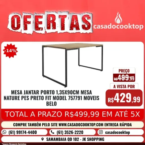 MESA JANTAR PORTO 1,35X90CM MESA NATURE PES PRETO FIT MODEL MOVEIS BELO 123474[757791]