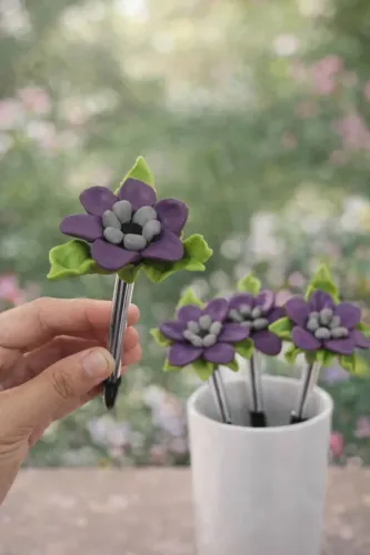 Caneta preta ponta de flor delicada kawaii