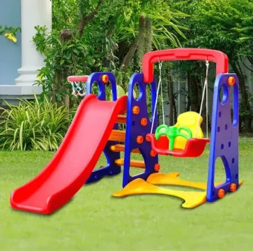 Playground Infantil 3 Em 1 Balanço Escorregador e Cesta de Basquete