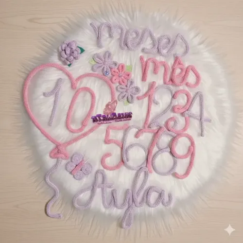 Kit mêsversário personalizado em tricotin com nome e 3 desenhos