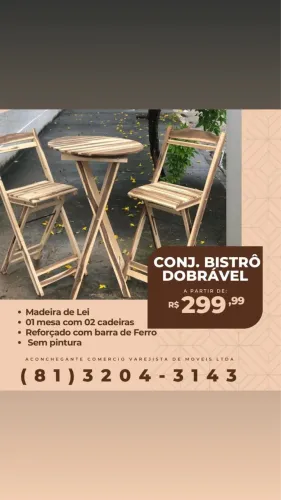 Conjunto Bistrô Dobrável em Madeira - Mesa + 2 Cadeiras