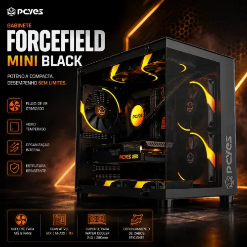Gabinete Gamer Pcyes Forcefield Mini Black Vulcan - Gffmnbv