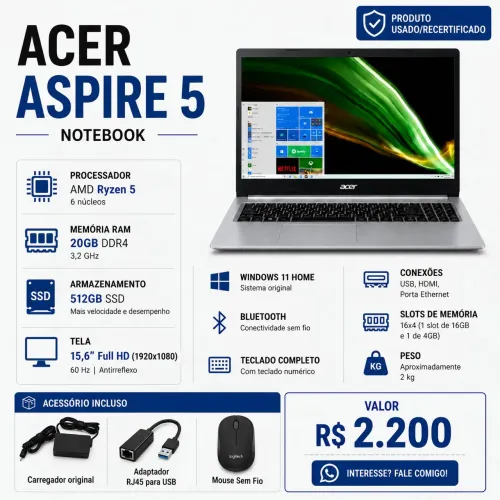 Notebook Acer Aspire 5 AMD Ryzen 5 5500U 20GB RAM 512GB SSD Full HD 15.6" + Brindes*