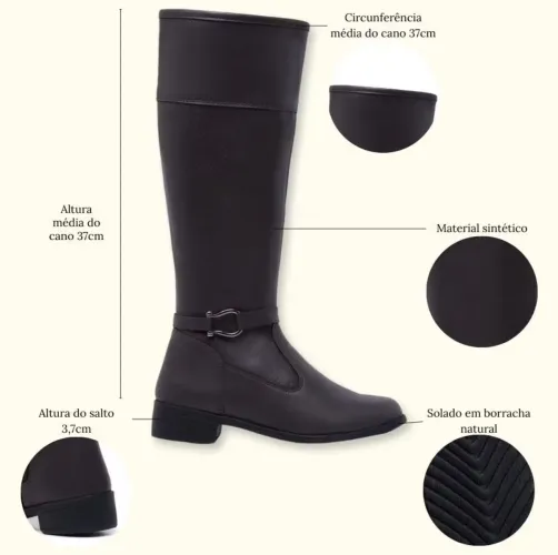 Bota Feminina Montaria Com Fivela Confortável Casual Cano Alto Com Zíper Lateral