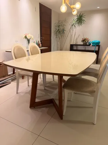 Conjunto mesa e aparador jantar sala cozinha móveis mobiliário madeira vidro