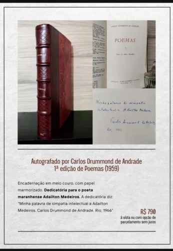 Autografado por Carlos Drummond de Andrade para Adailton Medeiros - 1 ed. de Poemas (1959)