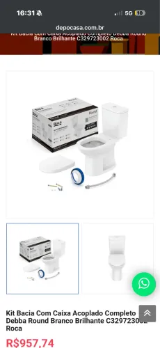 KIT BACIA COM CAIXA ACOPLADO COMPLETO DEBBA ROUND BRANCO BRILHANTE C329723002 ROCA