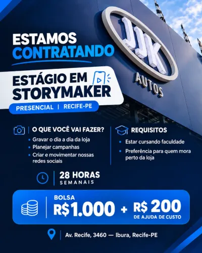VAGA ESTÁGIO: STORYMAKER. R$: 1.000 BOLSA + R$:200 Ajuda de custo