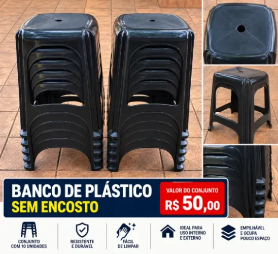 Conjunto com 10 bancos de plástico.