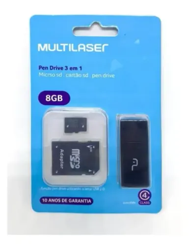 Cartão De Memória Micro Sd 8gb + Adaptador Pen Drive + Sd - Multilaser