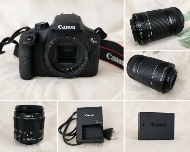 Canon T100 + lente 18-55mm + lente 55-250mm + bateria + carregador original.