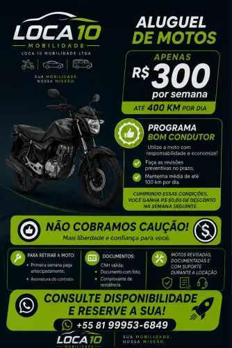 Locação de motos semanal SEM CAUÇÃO - R$ 300,00