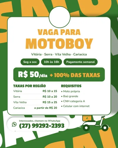 Vaga para Motoboy para entregas, das 10h às 16h (seg a sex)