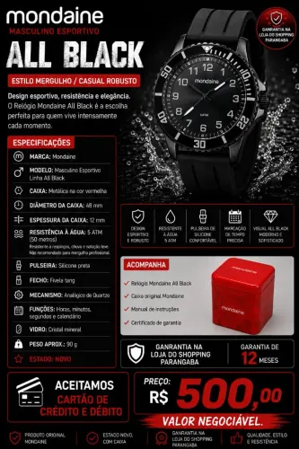 Relógio Mondaine Masculino Esportivo - Linha All Black