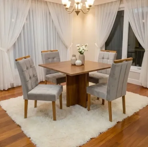 Conjunto Mesa de Jantar Verona 90 com 4 Cadeiras Veludo Bege