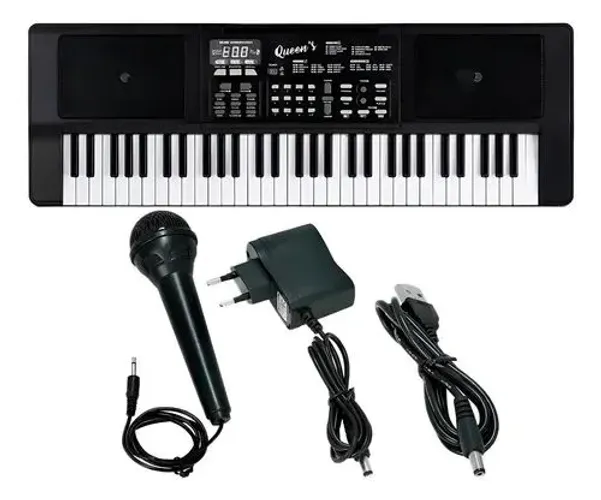 Teclado Queen's 61 teclas com Microfone e Fonte - ideal para iniciantes