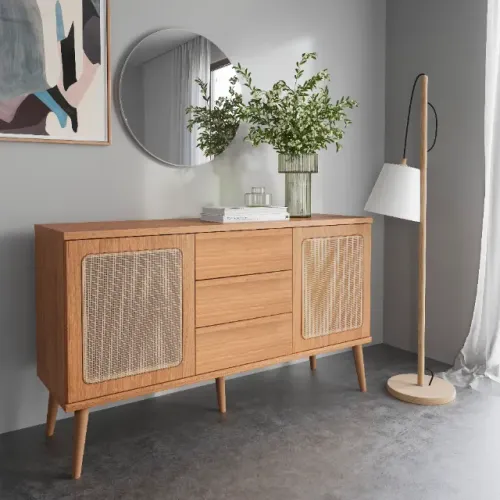 12X SEM JUROS | BUFFET 100% MDF COM PORTAS EM TELA E PÉS EM MADEIRA